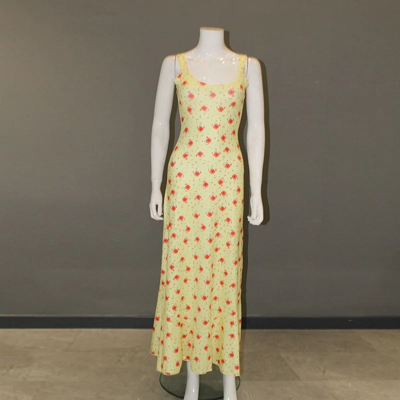 Women Slip Slim  Dress  Lady Elegant  Floral Yellow Long Dress Female Fashion Sexy Beach Vacation Dress
