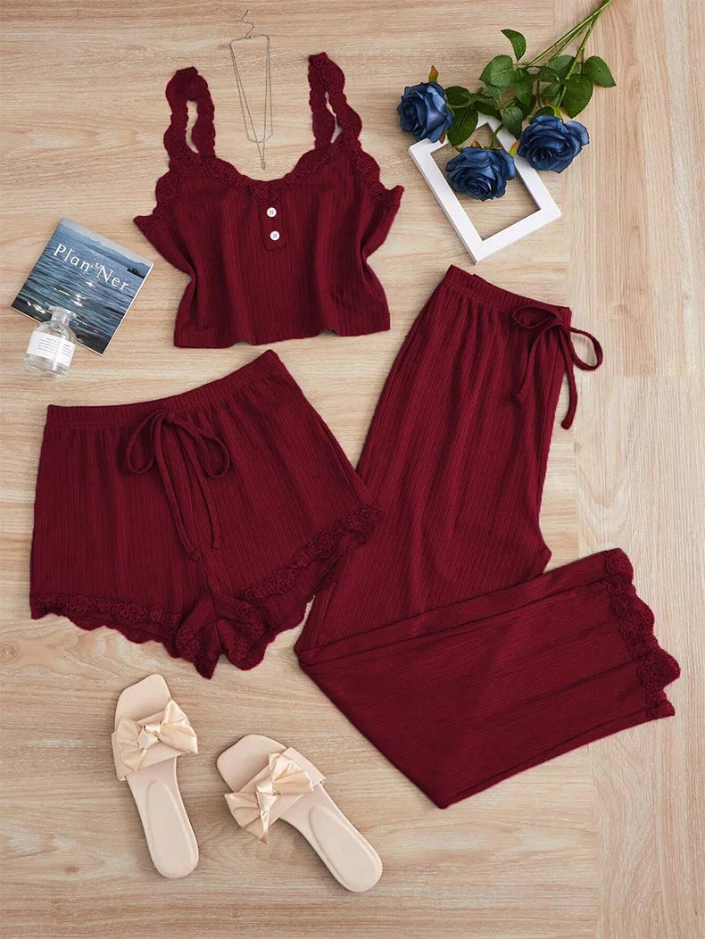Summer 3PCS Pajama Sets for Women's Solid Vest Shorts and Pants Paired with Lace Splicing for Homewear Sexy Sleepwear Sets