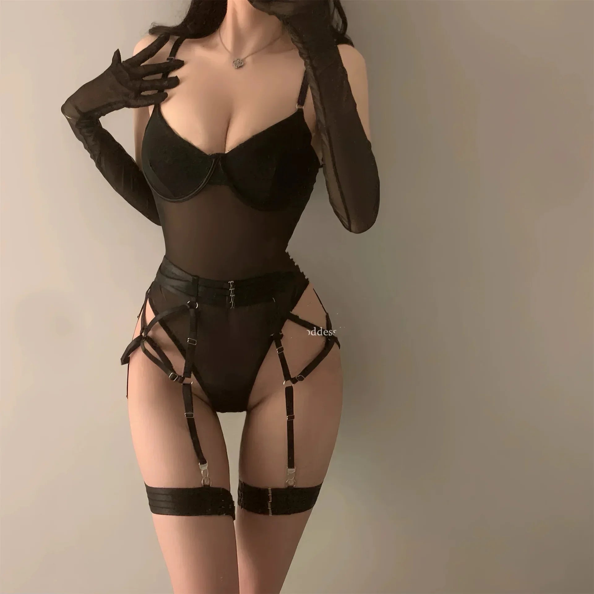 Sexy Sensual Lingerie Sets for Women See Through Mesh Lace Tight Bodysuit with Gloves Garter Exquisite Underwear Sexy Costumes