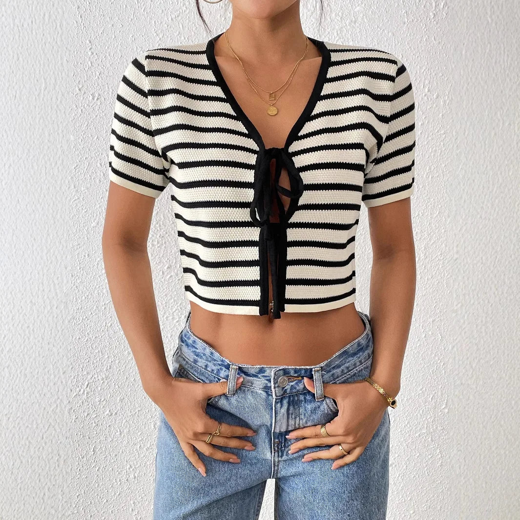 white black stripes short sleeve blouse for women turn-down collar V-neck cropped summer bikini tops hot girl boho beach tops