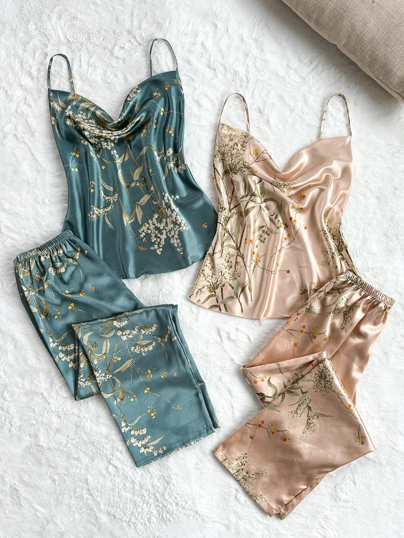 Elegant 4 Piece Cherry Print Pajama Set for Women Cowl Neck Spaghetti Strap Cami Top Long Pants Fashion and casual Loungewea