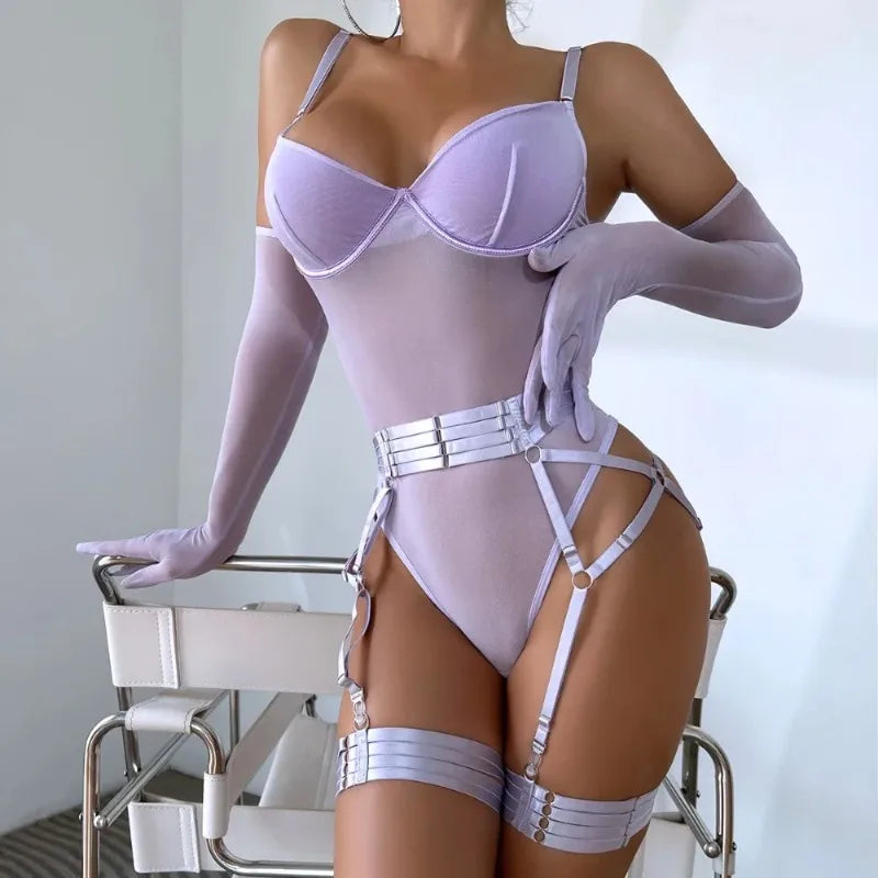 Sexy Sensual Lingerie Sets for Women See Through Mesh Lace Tight Bodysuit with Gloves Garter Exquisite Underwear Erotic Costumes