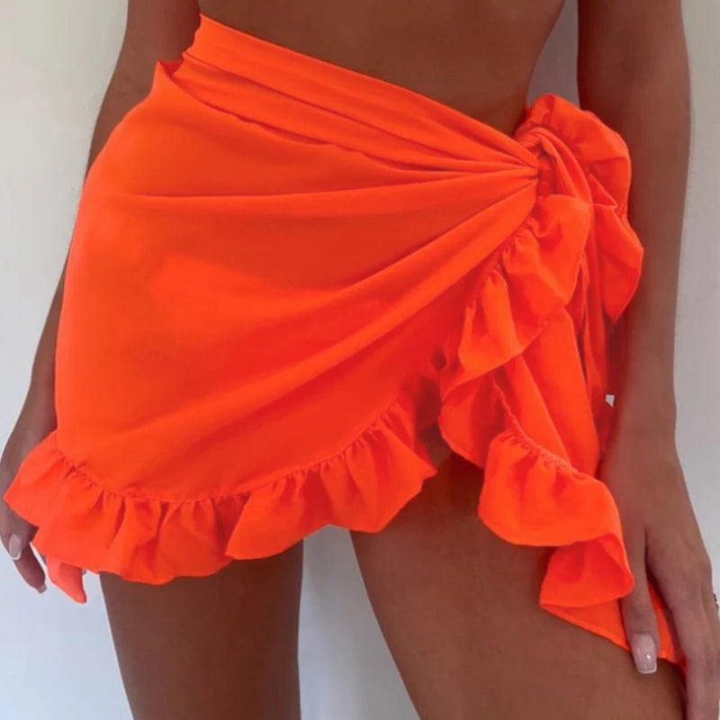 Summer Sunscreen Bikini Cover Ups Short Skirt Fashion Translucent Gauze Mesh Ruffle Beachwear Women Beach Swimwear Cover Ups