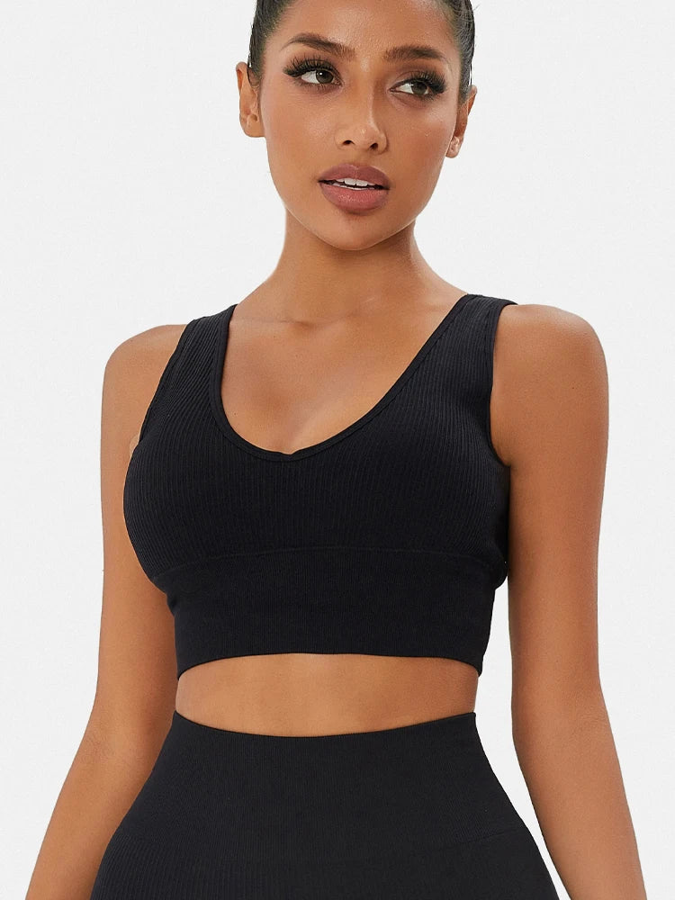 Sports Yoga Women's Bra Ribbed Shockproof Fitness Workout Bralette Sexy Elastic Backless Underwear Push-Up Bra Sportswear Tops