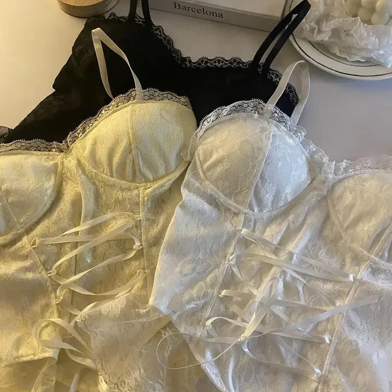 Sexy Lace Corset Crop Top Women Sleeveless Bandage Camisole Fashion Sling Tank Top Streetwear Blouse