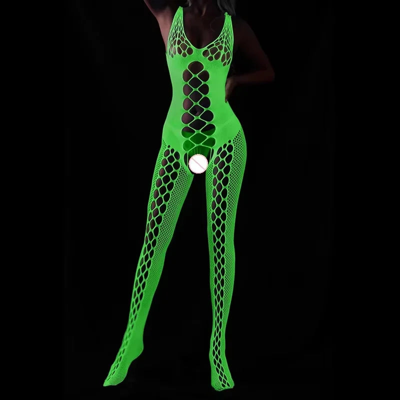 Sexy Hollow Out Luminous Bodysuit Sexy Lingerie See Through One-piece Luminous Suspenders Mesh Clothes Fishnet Socks Dress