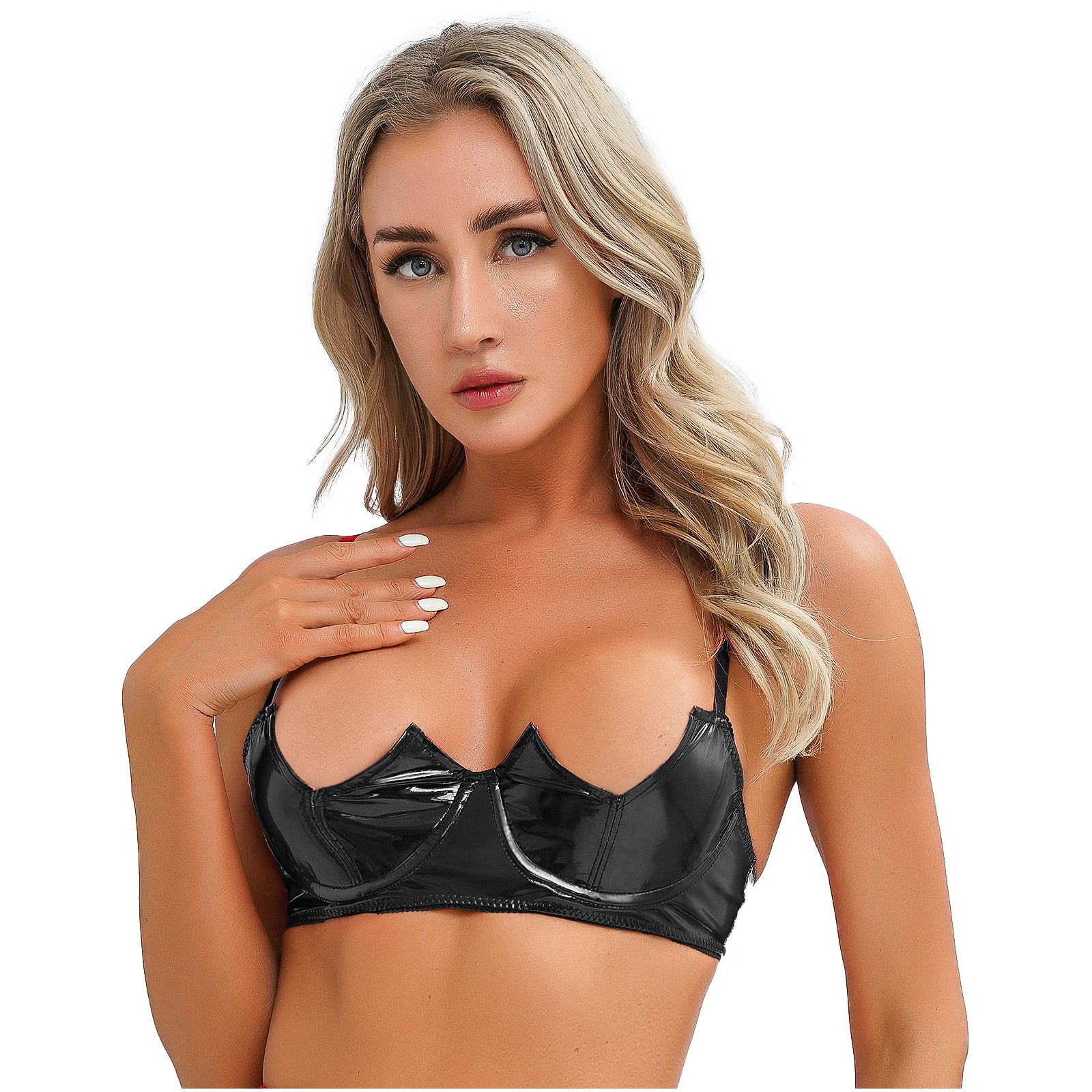 Women Sexy Exposed Nipple Bras Wet Look Patent Leather Underwired Brassiere Top Lingerie for Nightclub Pole Dacing Nightwear
