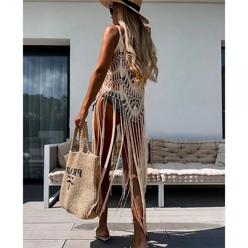 Beach Cover Ups for Swimwear Women Sexy Hand Hook Hollow Out Sunscreen Shirt with Long Tassel Beach Cover