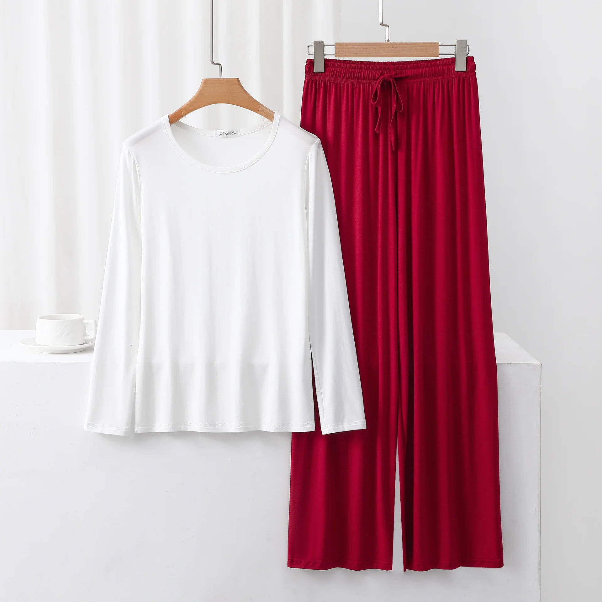 Modal Pajama Sets 2 Piece O-Neck Long sleeved Tshirt and Wide Leg Pant Ankle Length Loose sleepwear set Comfort homewear suits