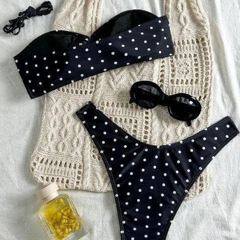 2026 Bikini Woman 2025 Swimsuit Women Printed Bikinis Black Bandeau Top Thong Bottom Swimwear Polka Dot Two Piece High Cut