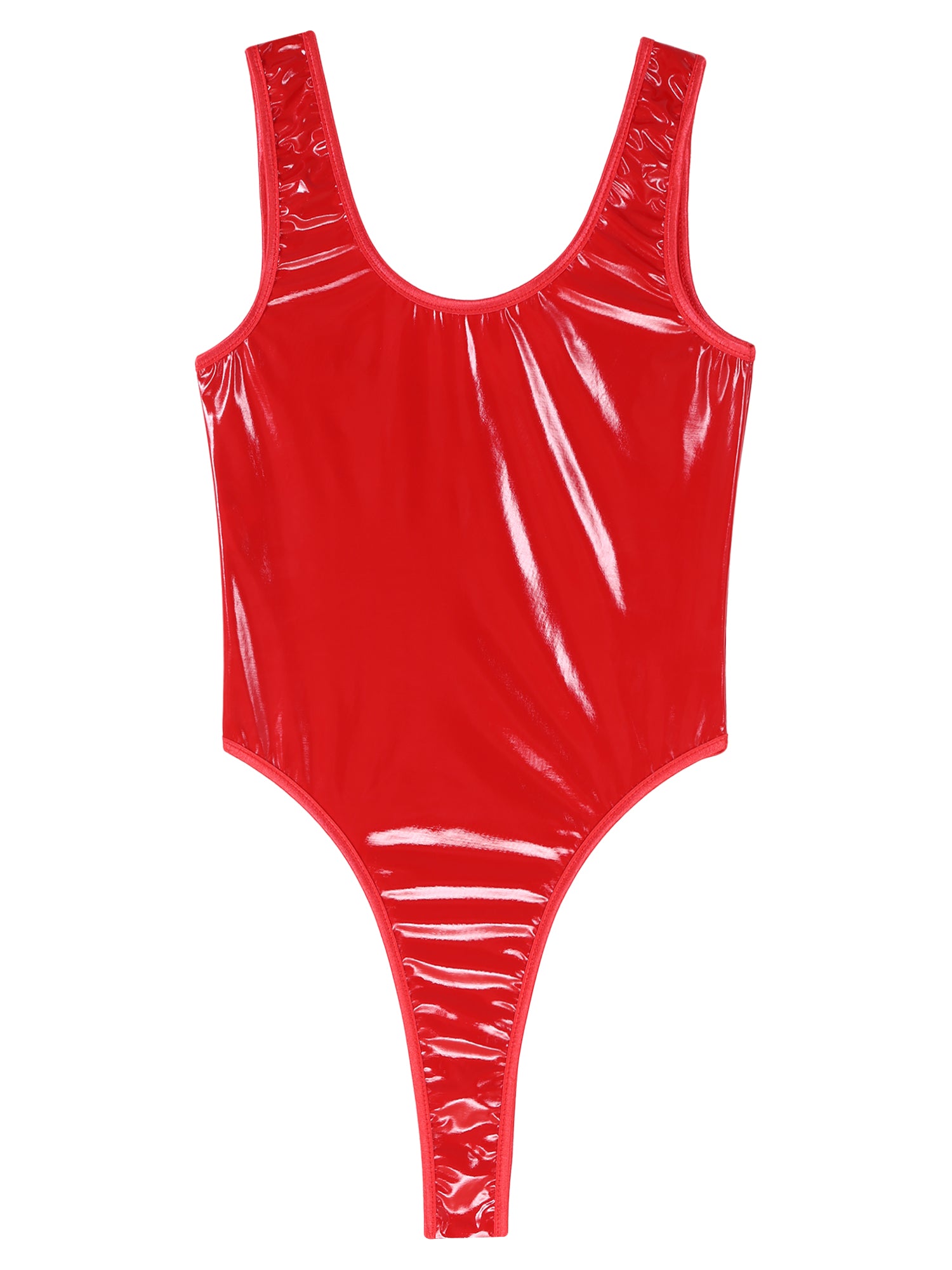 Womens Lingerie Crotchless Bodysuit Swimsuit U Neck Wet Look Patent Leather Clubwear High Cut Backless Catsuit Pole Dance Outfit