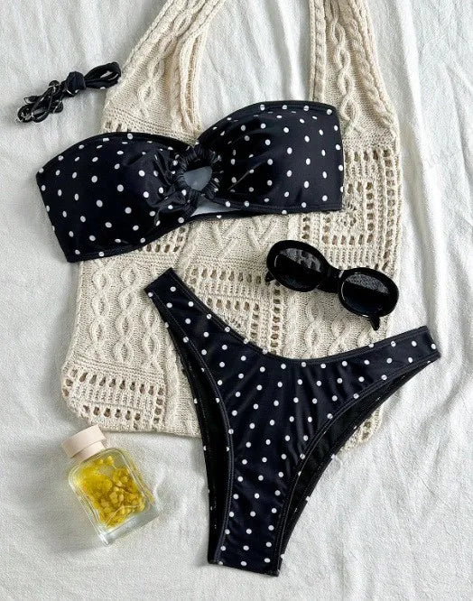 2026 Bikini Woman 2025 Swimsuit Women Printed Bikinis Black Bandeau Top Thong Bottom Swimwear Polka Dot Two Piece High Cut