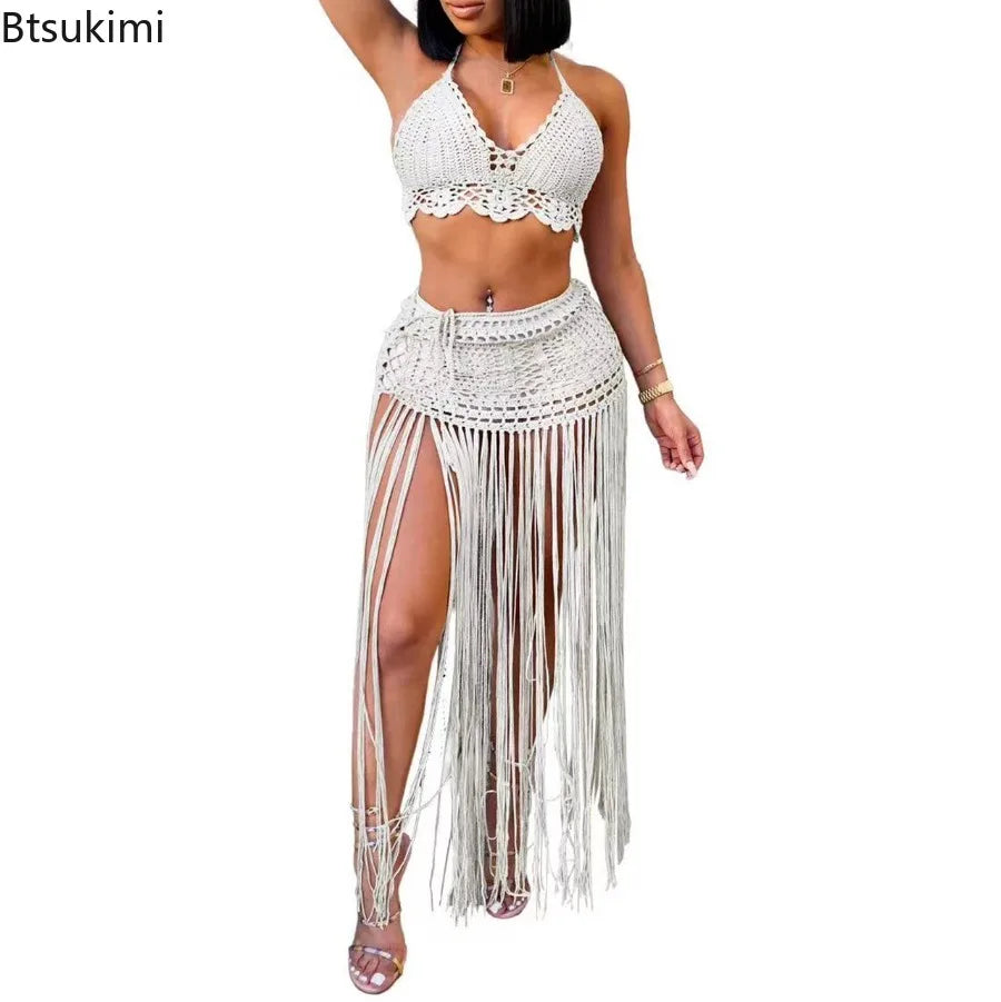 New Women's Two Pieces Swimsuits Beach Style Knitted Bikini Tops High Waist Tassel Long Skirts Female Sexy Cover Up Bikini Sets