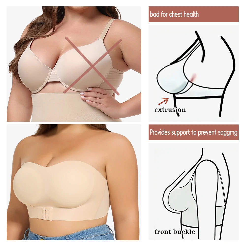 Women Strapless Padded Bra Seam-free Front Button Cross Bandage Bras Comfortable Smooth Plus Size Lingerie for Women