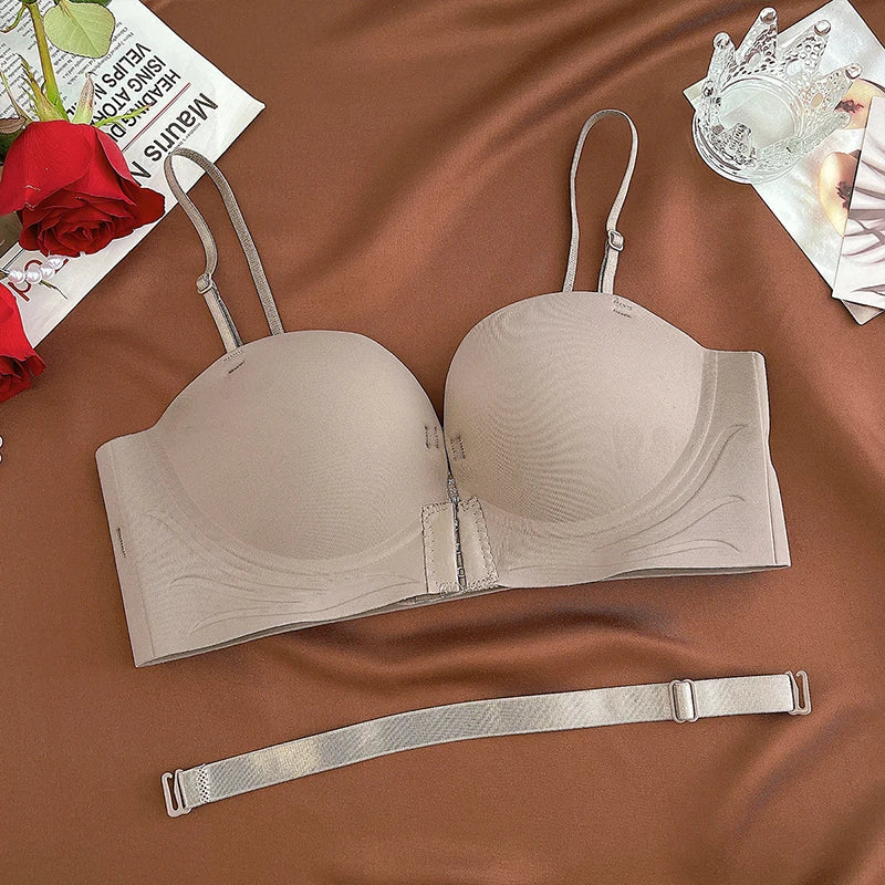 Front Closure Push Up Bras Women's Sexy Seamless Plunge No Steel Brassiere Thick Female Underwear Solid Color Invisible Lingerie