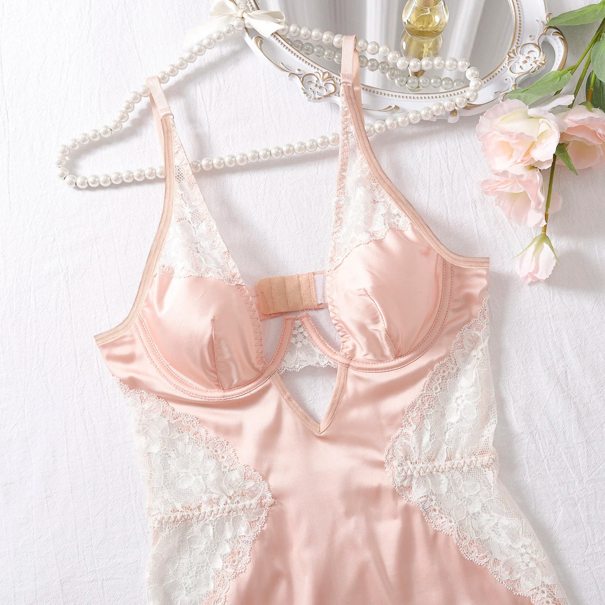 Ellolace Sexy Deep-V Neck Satin Dress Sexy Lingerie Lace Patchwork Split Sissy Night Dress Women Slip Dress Silk Nightwear