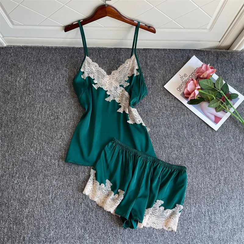 Lace Sleepwear Satin Cami&Shorts Suit Women 2 Pieces Sleep Set Sexy Deep V-Neck Nightwear Thin Home Clothes Lounge Lingerie