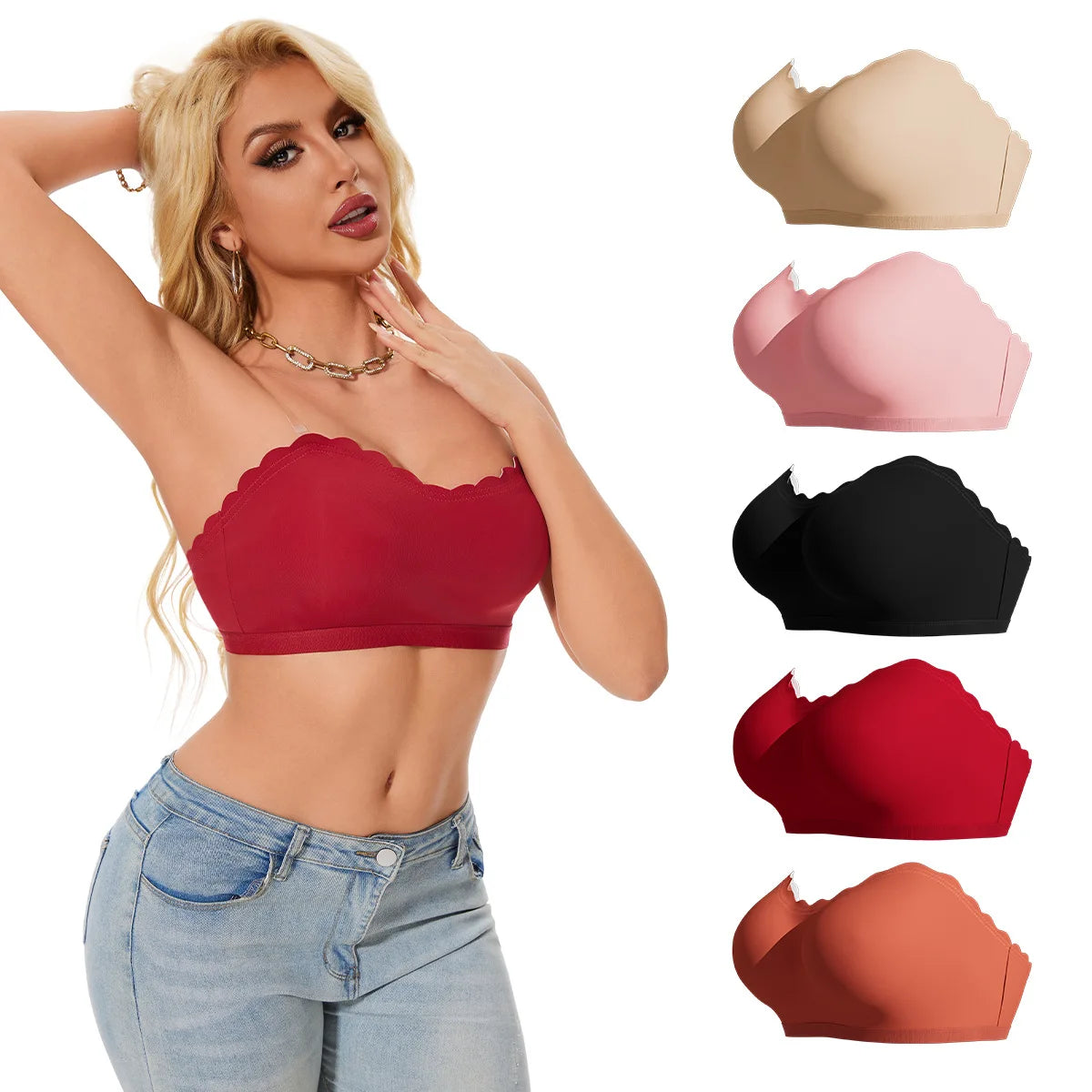 Lingerie Wireless Gather Bra Women Invisible Bra Front Buckle Push up Seamless Bra Sexy Strapless Underwear Waves Grain Bras