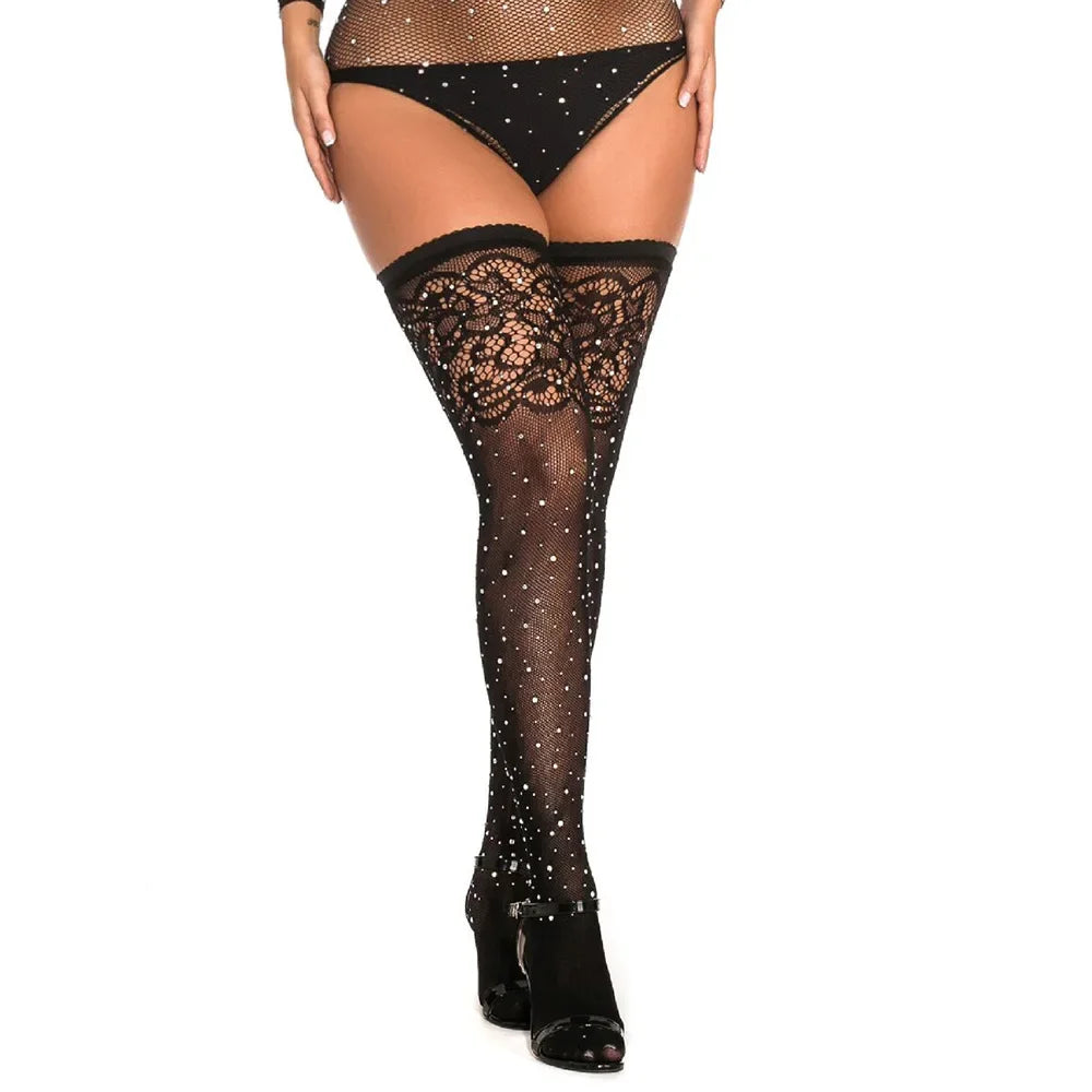 Lingerie Sexy Women's Shiny Rhinestone Fishnet Erotic Stockings Women Tight High Exotic Costumes Stockings For Ladies Pantyhose