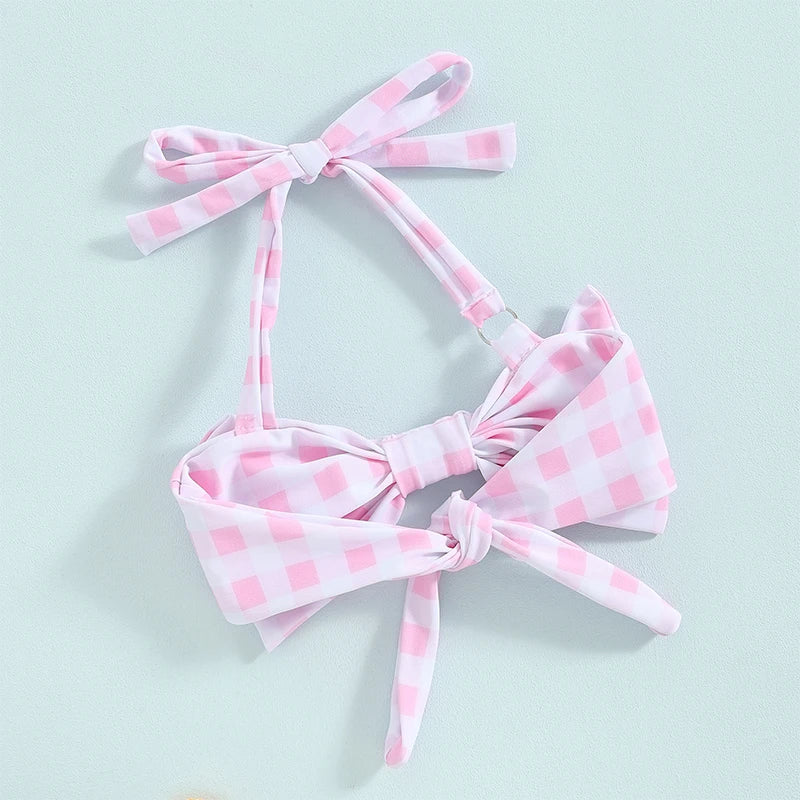 Citgeett Summer Kids Girls Bikini Outfits Set Flower Plaid Print Sleeveless Bow Bikini Tops Shorts Swimsuit Clothes