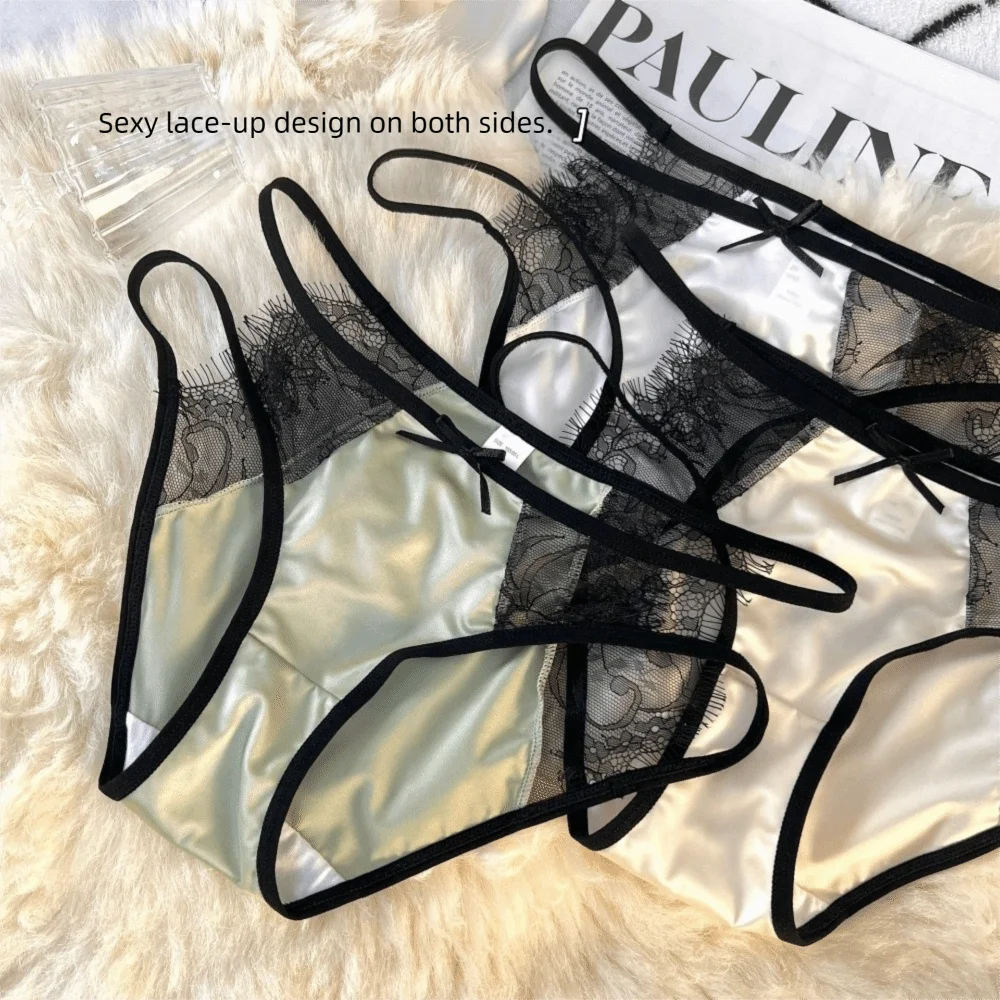 Lingerie Low Waist Underwear for Women Bow Transparent Sweet Lace Panties Hollow Mesh Satin Silk Briefs Girl