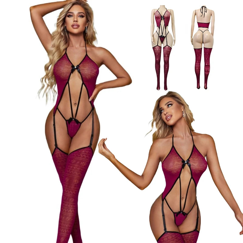 Womens Sexy Mesh Lingerie Sets Exotic Apparel Sexy Slimming Bodystockings Garter Erotic Lace Underwear Bodysuit