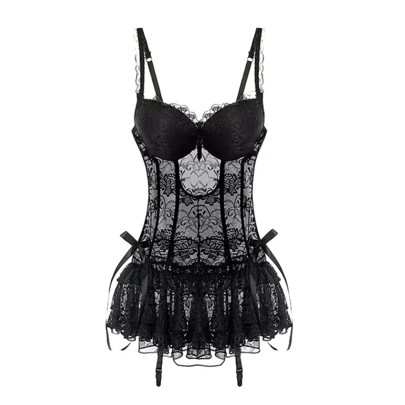 Black Corset Lingerie Dress Women Sexy Overbust Push Up Corset Lace Fishbone Corset Transparent Bustier Clubwear Lingeries 2025