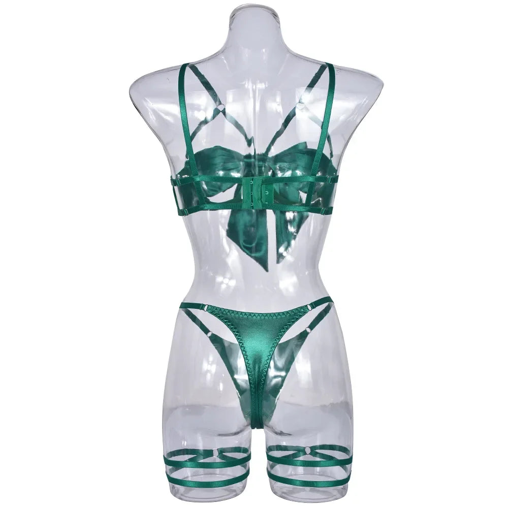 Hot Sexy Lingerie Women's Erotic Lace Satin Sexy Bodysuit Women's Bow Sleepwear Sexy Bra Panties Set Babydoll Exotic Pajamas