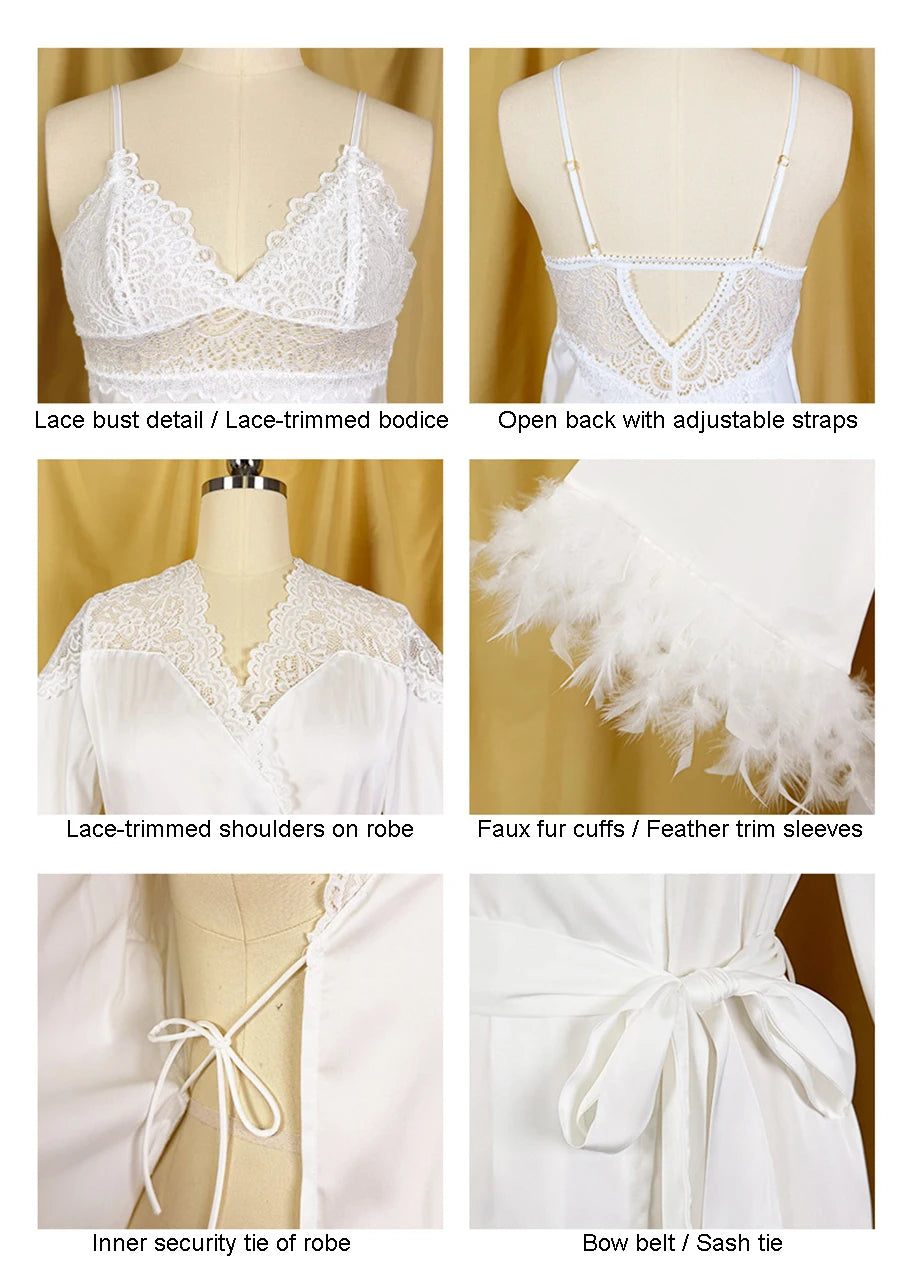 Women Satin Pajama Set Sexy Lace Camisole Nightgown Feather Trim Robe Bridal Sleepwear 2 PCS Set Wedding Nightdress Loungewear