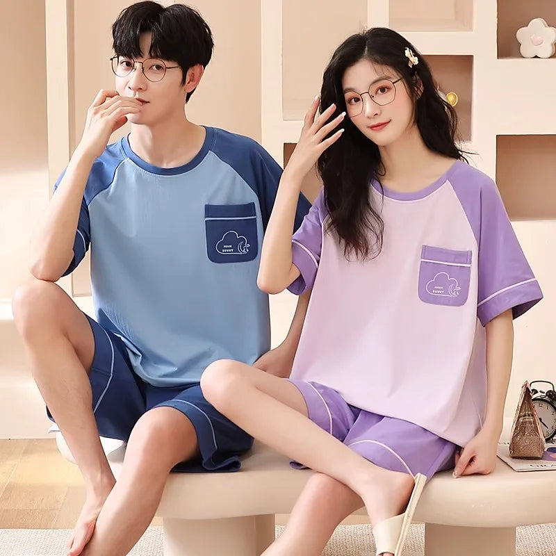 Lovers Pajama Set Cotton Cartoon Cute Nightwear For Men Women Homewear Plus Size Summer Thin Pyjamas Couples Pjs Loungewear