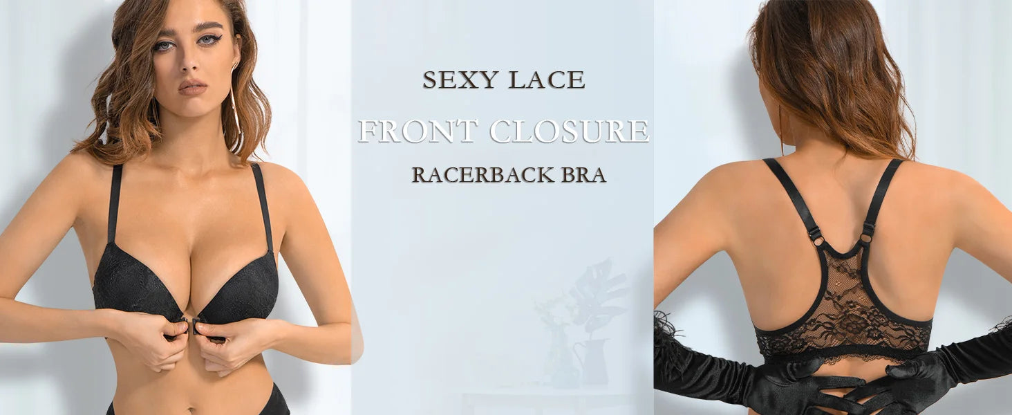 New Sexy Bras For Women Front Closure Bra Adjustable Embroidery Underwear Lace Bralette Mesh Thick Padded Plunge Bras