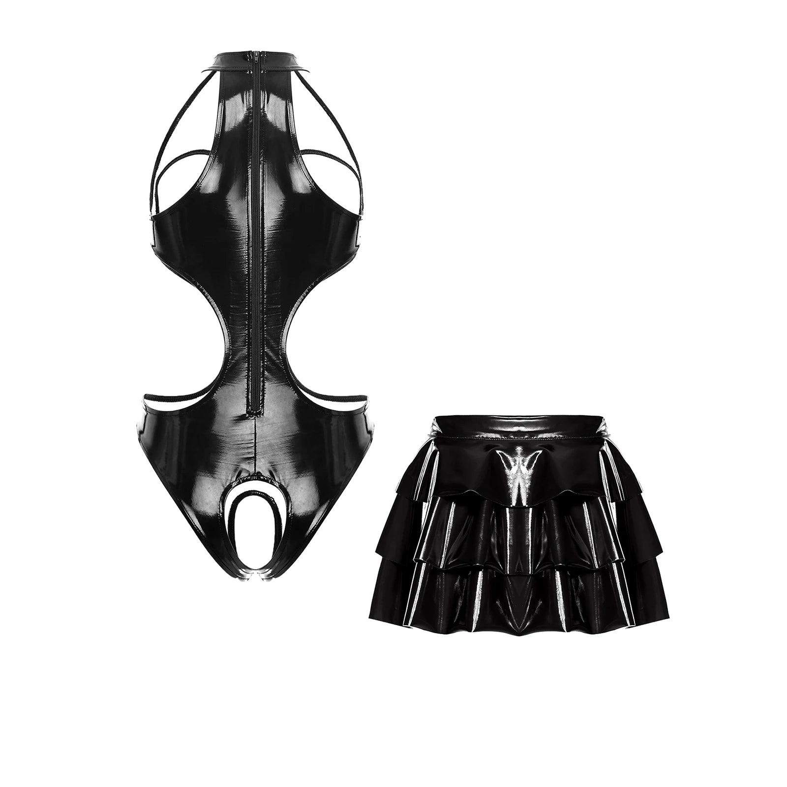 Womens Lingerie Set Bare Breast Open Crotch Bodysuit Ruffled Hem A-line Miniskirt with Wet Look Clubwear Pu Leather Rave Outfits