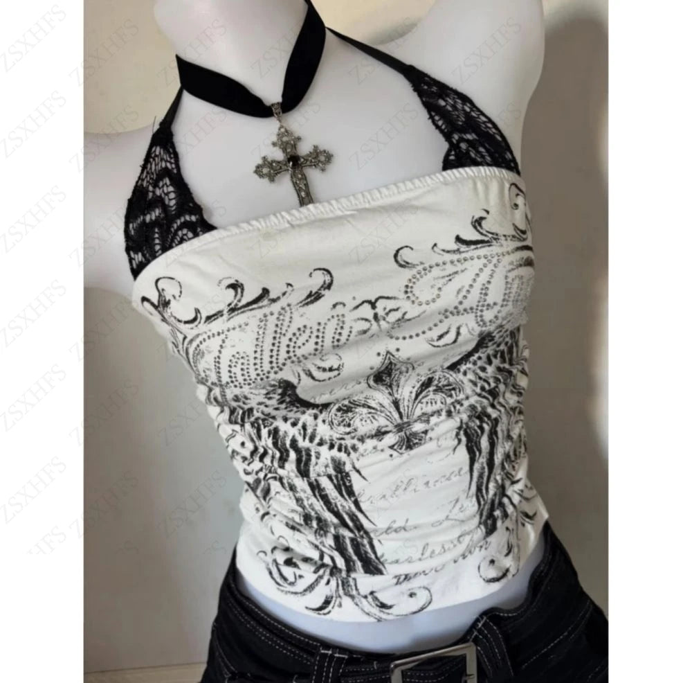 Sexy Lace Y2k Halter Tops Women Clothing Gothic Punk Girl Summer Sling Body Tees Grunge Slim Corset Harajuku Kpop Crop Top Emo