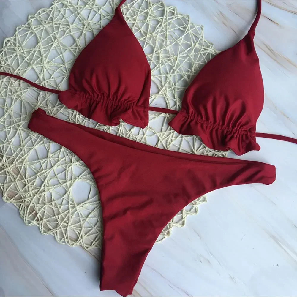 Summer Brazilian Bikini Set Women Sexy Swimsuit Bandage Top Thong Bottom 2 Pieces Set Swimwear Lace Up Beachwear