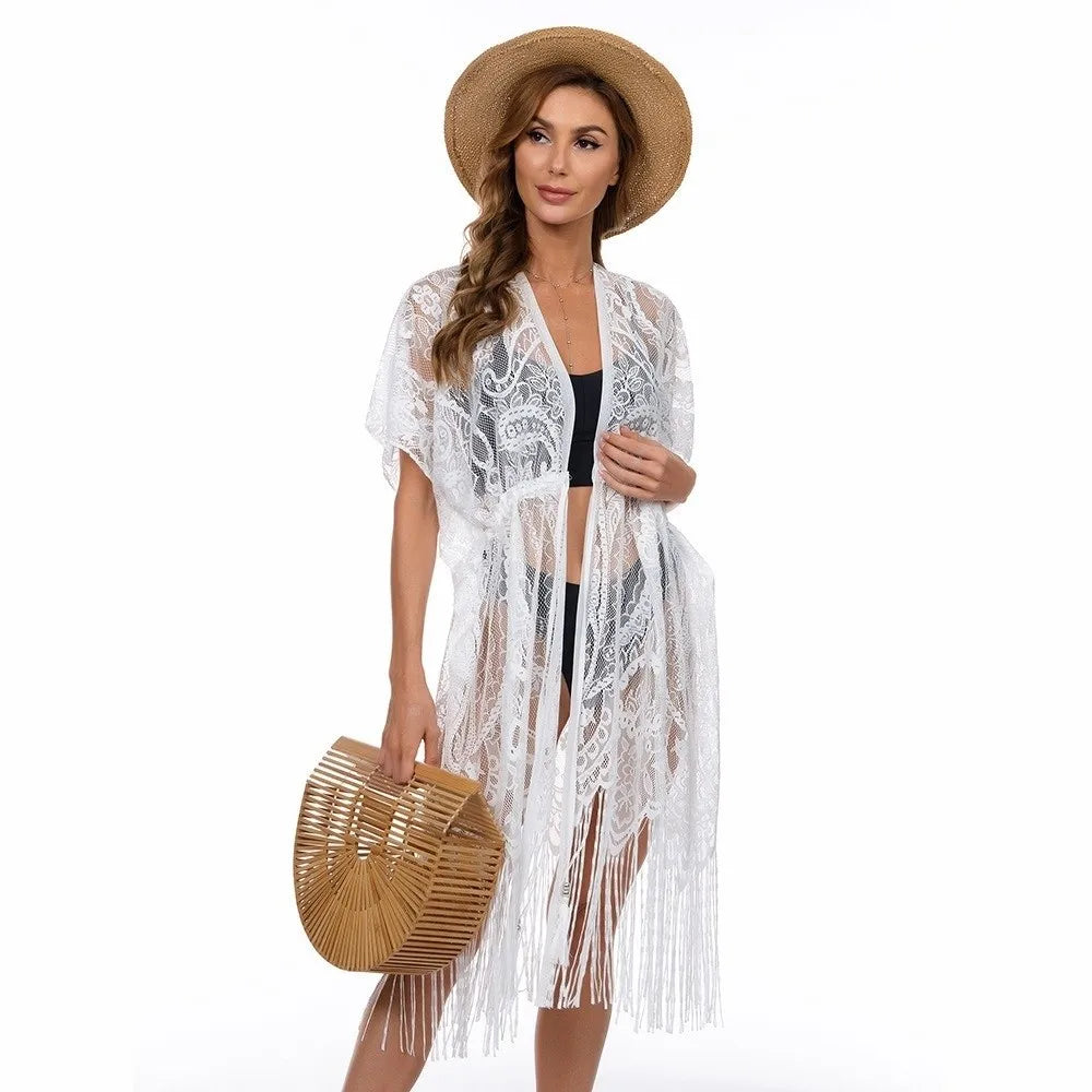 Fashion Lace Mesh Sunscreen Beach Cover Up Floral Tassel Bohemian Shawl Plus Size Transparent Swimsuit Cover Up Women