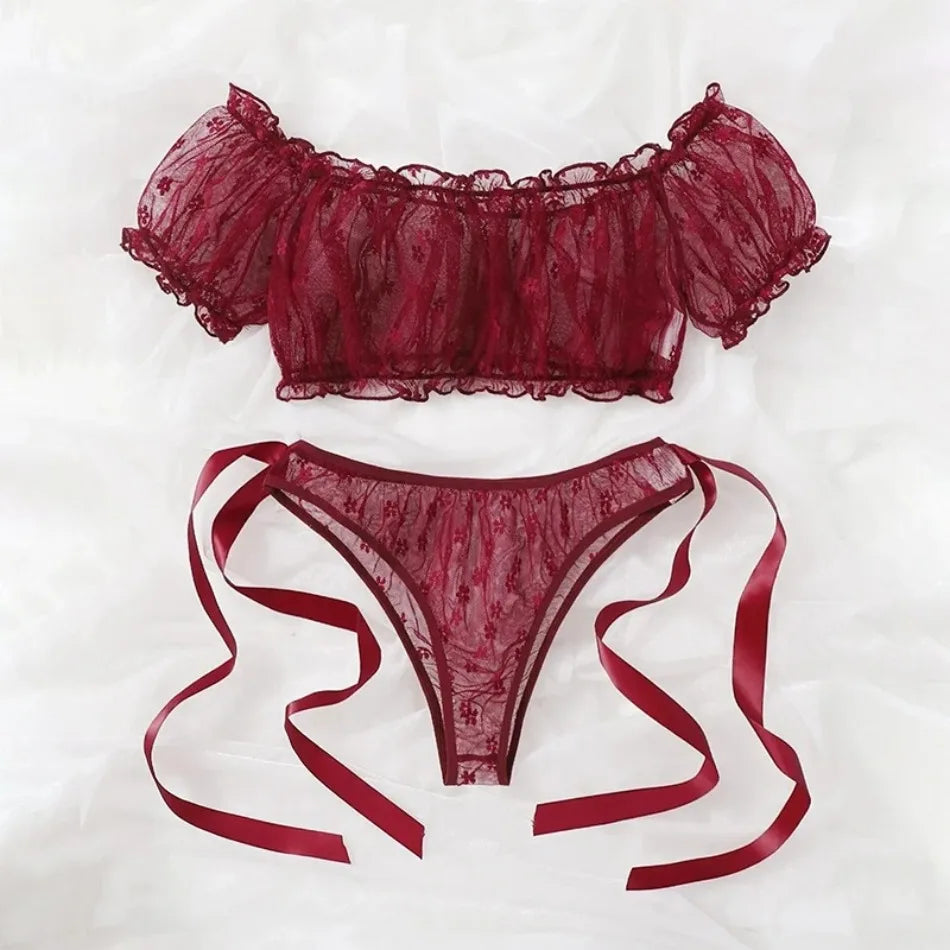 Sensual Lingerie Woman Sexy Bra Set See Through Exotic Sets Babydoll Lingerie Floral Off Shoulder Bralette Ruffle Sexy Underwear
