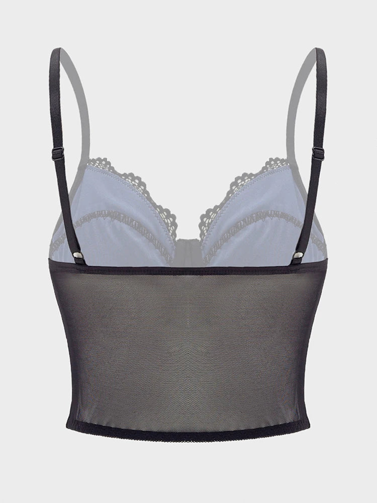 Blue & Black Lace Corset Top Adjustable Straps Satin Mesh Paneled Vintage Inspired Lingerie Bow Detail Intimate Wear for Women