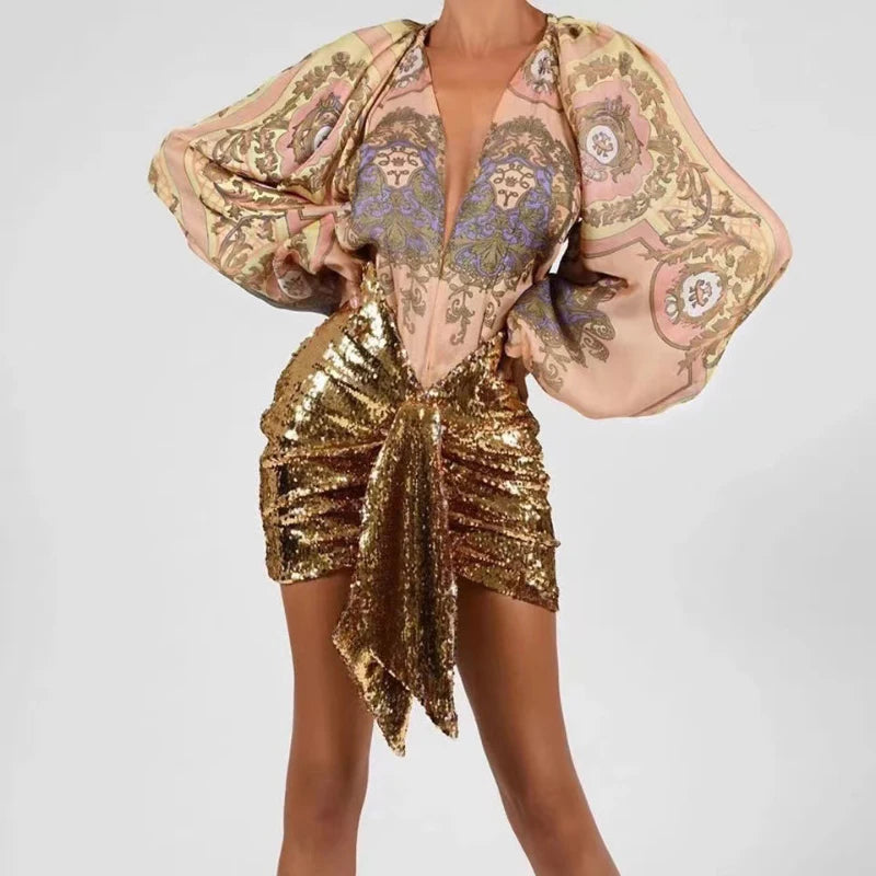 Sexy Vacation Sequined Irregular Pleated Skirts High-Waisted Slim Skirts 2026 Fashionable Spring/Summer Golden Zippers Skirt