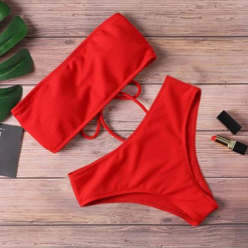 Sexy Bikini Swimwear for Women Solid Color Bikini Set Female Tube Top Padded Bathing Suit Summer Beach Wear New