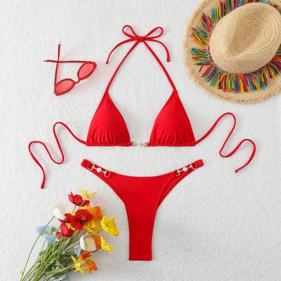 New Two-Piece Bikini Set Sexy Triangle Tie-Up Swimsuit Beach Vacation Swimwear Summer Trendy Top Bottom Beachwear Resort Outfit