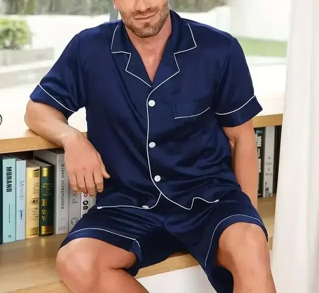 Plus Size Men's Pajama Set Faux Silk Lapel Cardigan Student Homewear Simple Short Sleeve Shorts Set Premium Feeling Solid Colour
