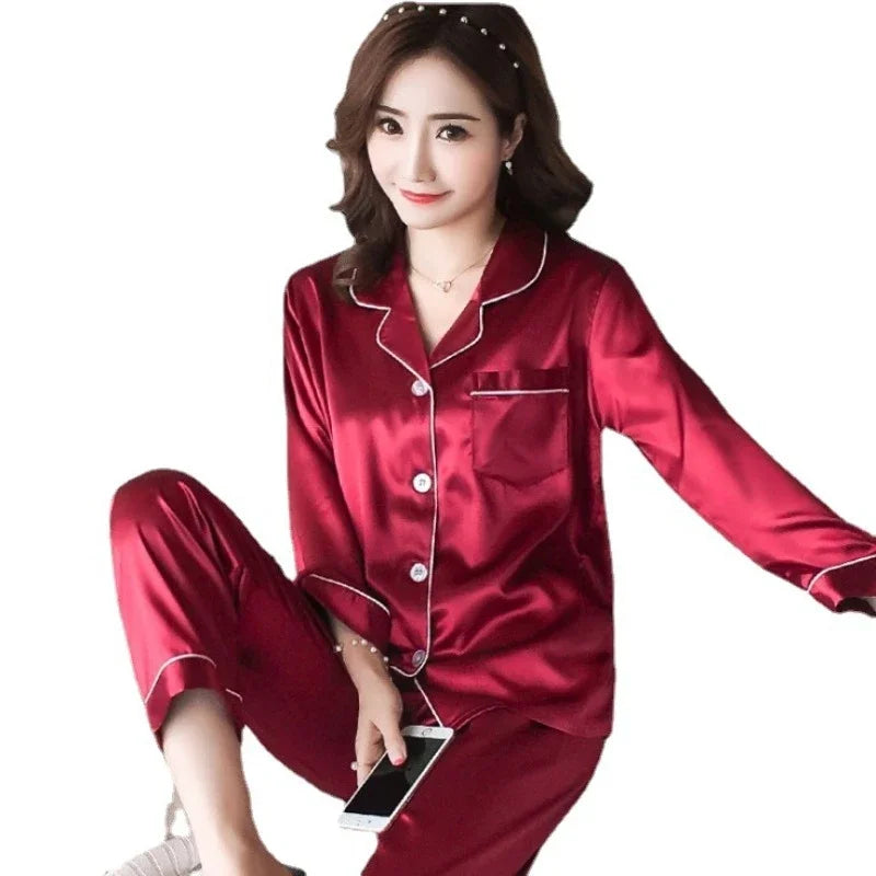 Pajamas Sets for Women 2025 Sexy Silk Women Pijama Sets Sleepwear Long-sleeve Cardigan Set Female Ice Silk Pyjamas Home Clothing
