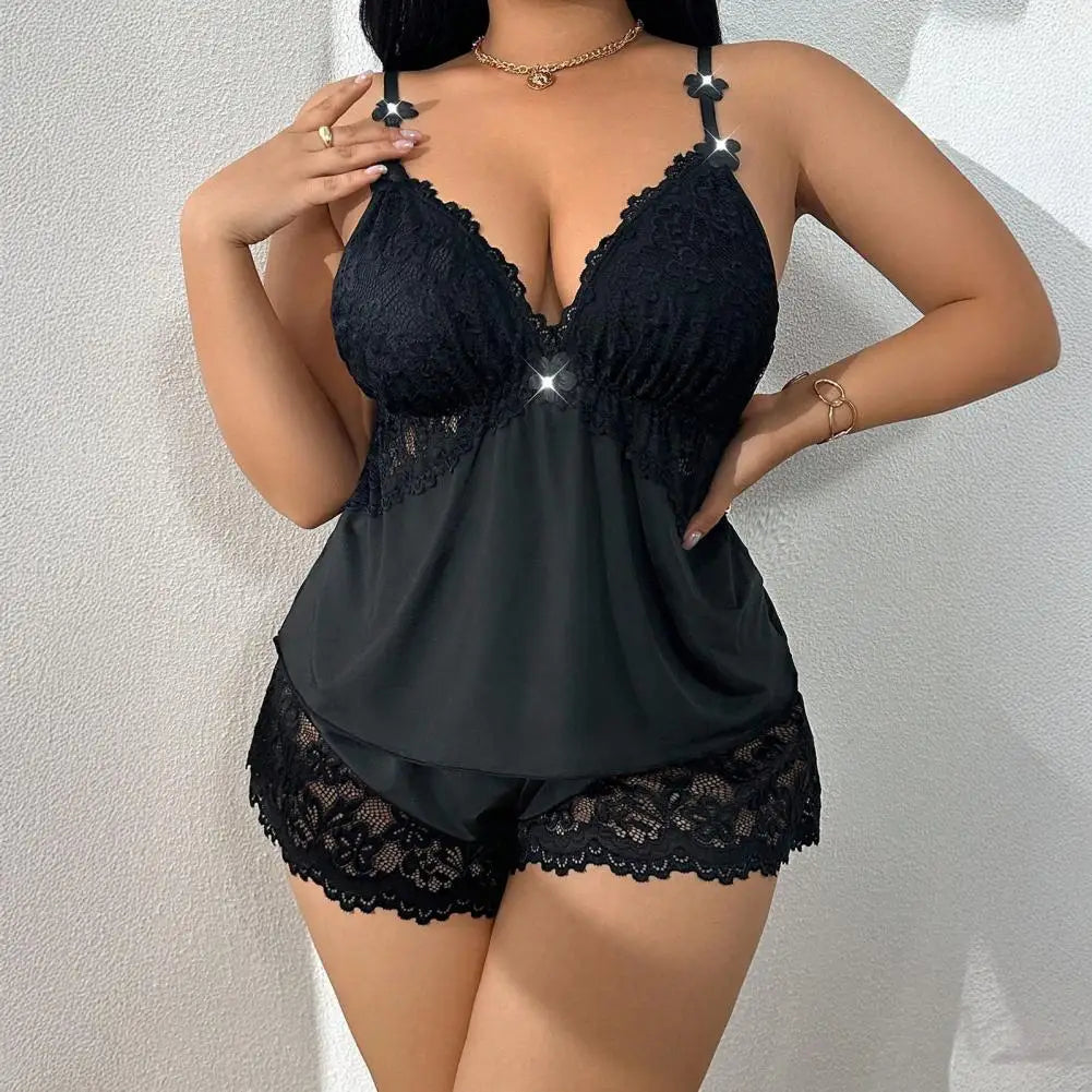 Women Plus Size Pajamas Set Sexy Lace Trim Cami Sleeveless Top And Shorts Nightwear Set Two-Piece Camisole Lounge Sleepwear Set