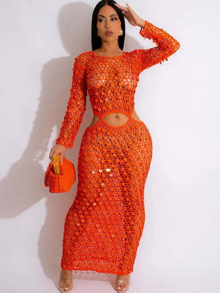 Sexy Party Dresses Sequined Crochet Knitted Beach Dress for Women Summer See-through Cover Up Bodycon Maxi Dress Vacation Club