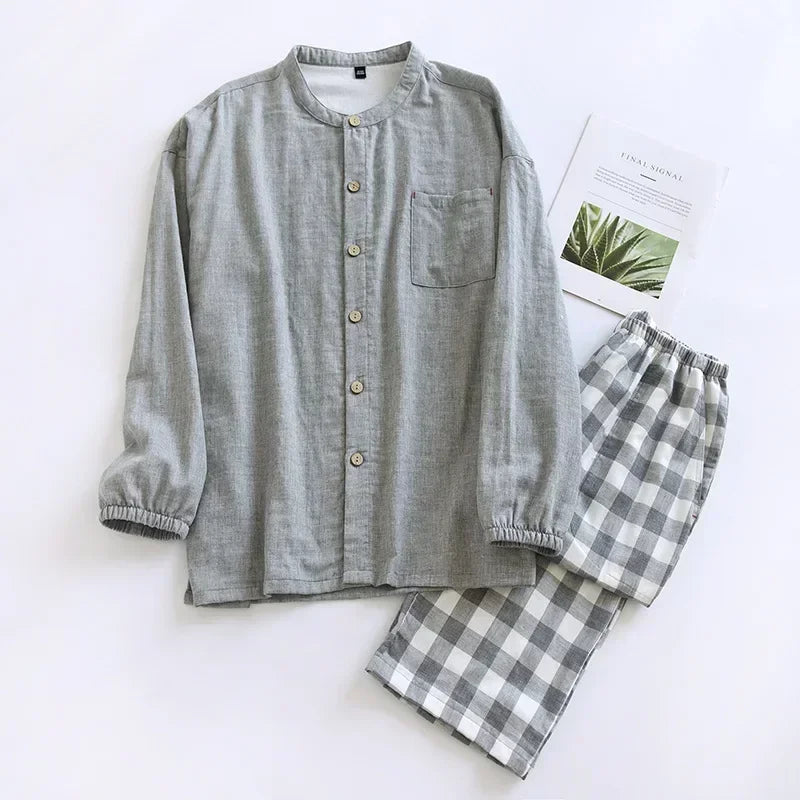 2026 Japanese Style Men's Cotton Pajama Sets Plaid Long Sleeve Trousers Sleepwear Sets Men Double-layer Cotton Homewear Lounge