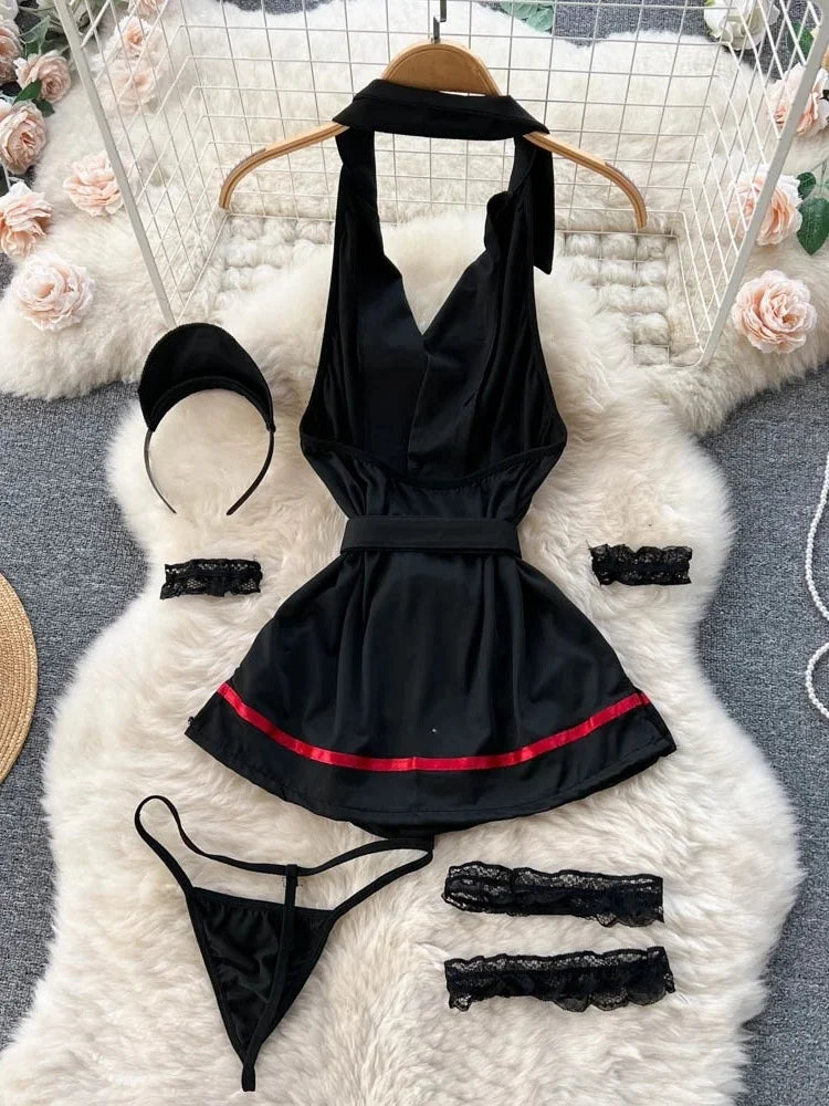 Erotic Fashion Sexy Halter Lingerie Dress Summer V Neck Vintage Belt Slim Lingerie Women Backless Sexuality Club Lingerie Sets