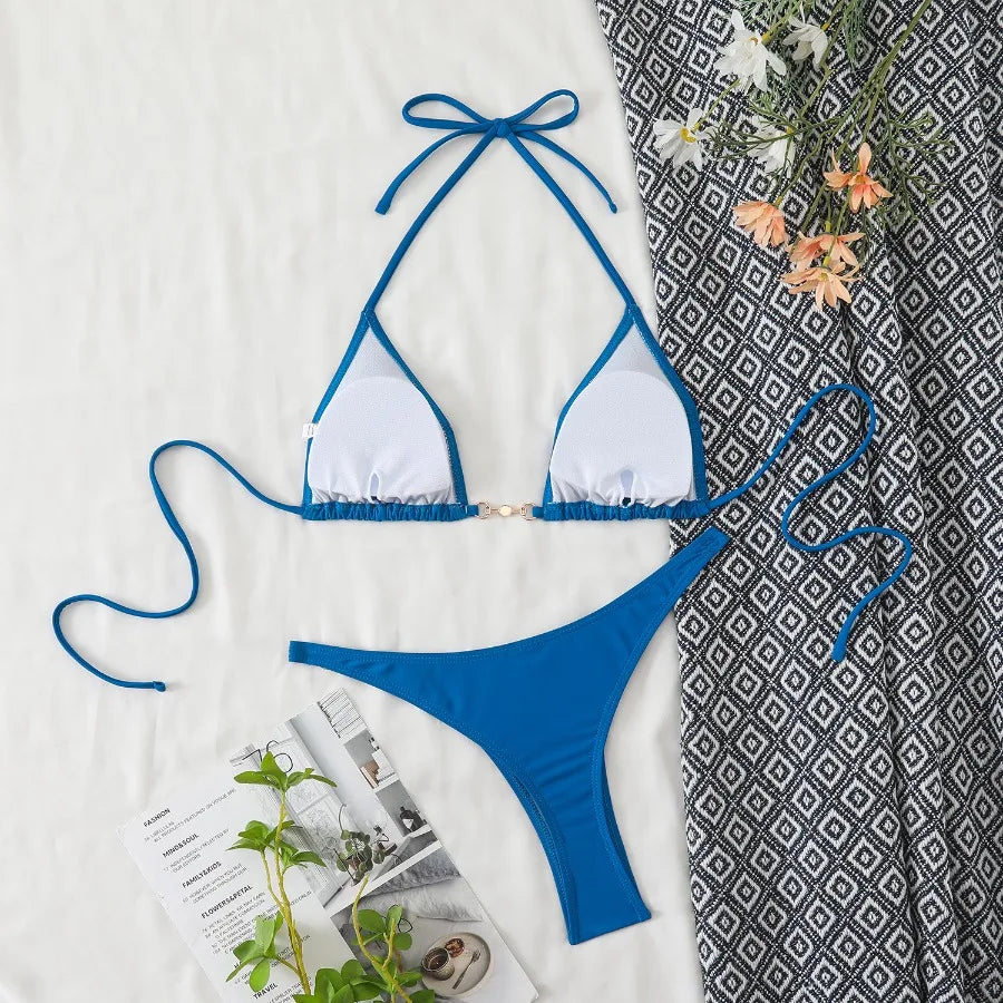 New Two-Piece Bikini Set Sexy Triangle Tie-Up Swimsuit Beach Vacation Swimwear Summer Trendy Top Bottom Beachwear Resort Outfit