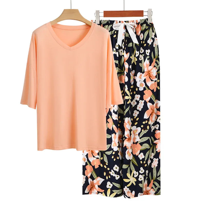 Casual Pajamas Set Spring Summer Short Sleeve Tops Long Pant Suit Elegant Women's Pijamas Home Sleepwear Clothes Pijama Mujer