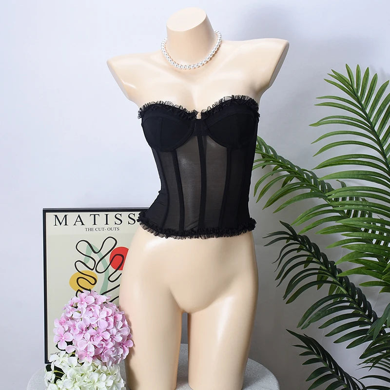 Women Sheer Lingerie Streetwear Lace-up Bustier Corset Tops Slim Backless y2k Tank Top Strapless Striped Sheath Sexy Camisole