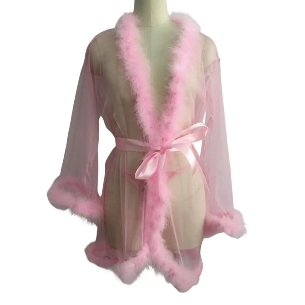 Female Sheer Shapewear Robes Fashoin Long Sleeve Plush Spliced Thin Lingerie Women Lace Up Erotic Midi Long Sexy Robes